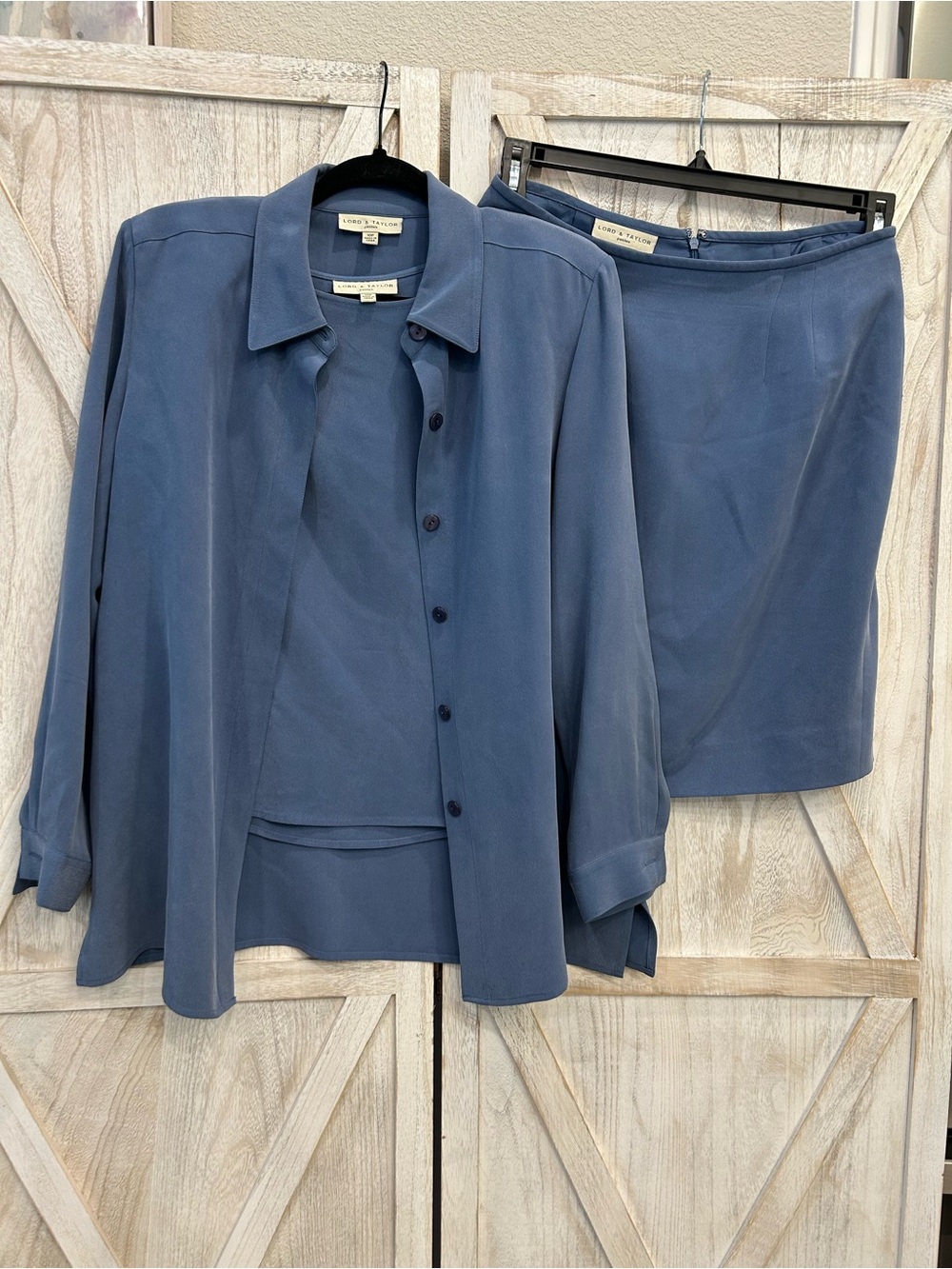 Lord & Taylor Petite Light Blue Skirt Suit 3 pc Set-SILK